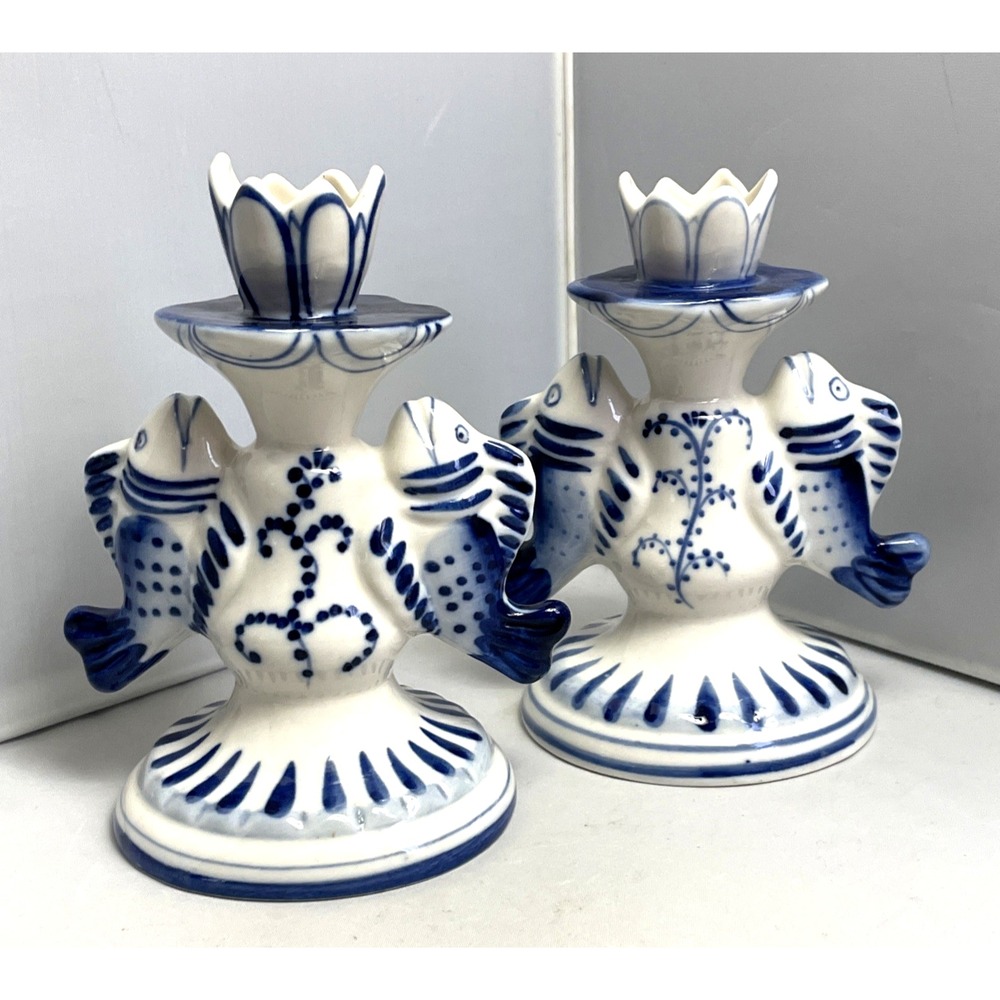 Gzhel Porcelain Russian Candlestick Hand Painted Blue & White Fish Theme Vintage - Picture 2 of 13